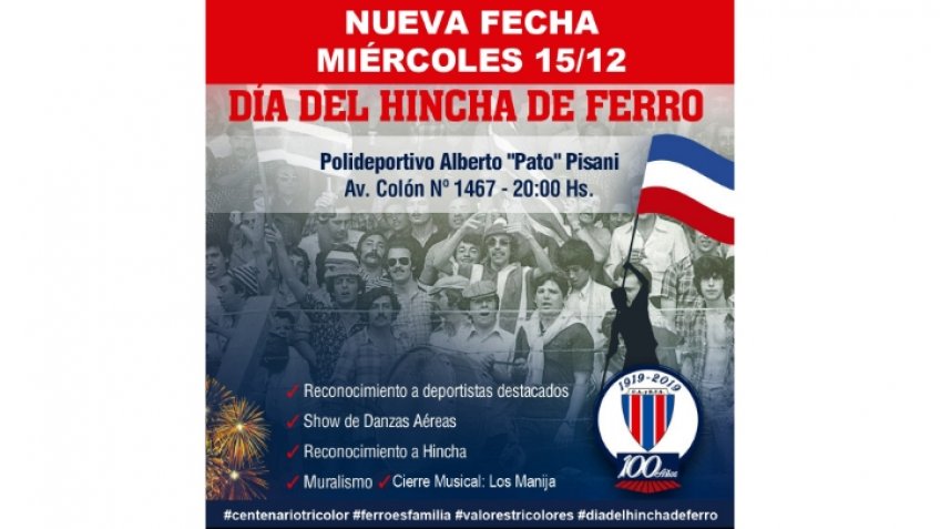 Este miércoles se realizará la fiesta por el Día del Hincha de Ferro